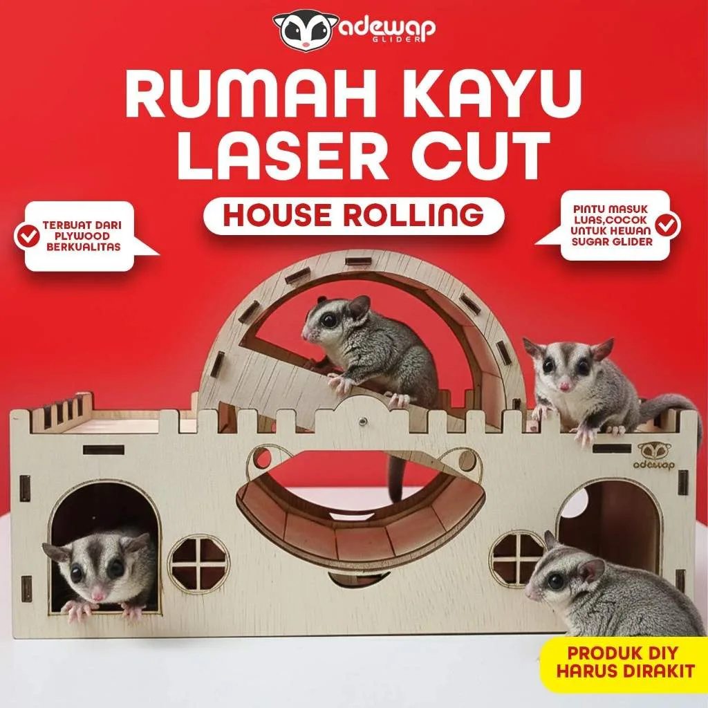 ADEWAP GLIDER Rolling House Laser Cut Rumah Kayu Sugar Glider Hamster Marmut Tempat Bersembunyi & Bermain Hewan Kecil