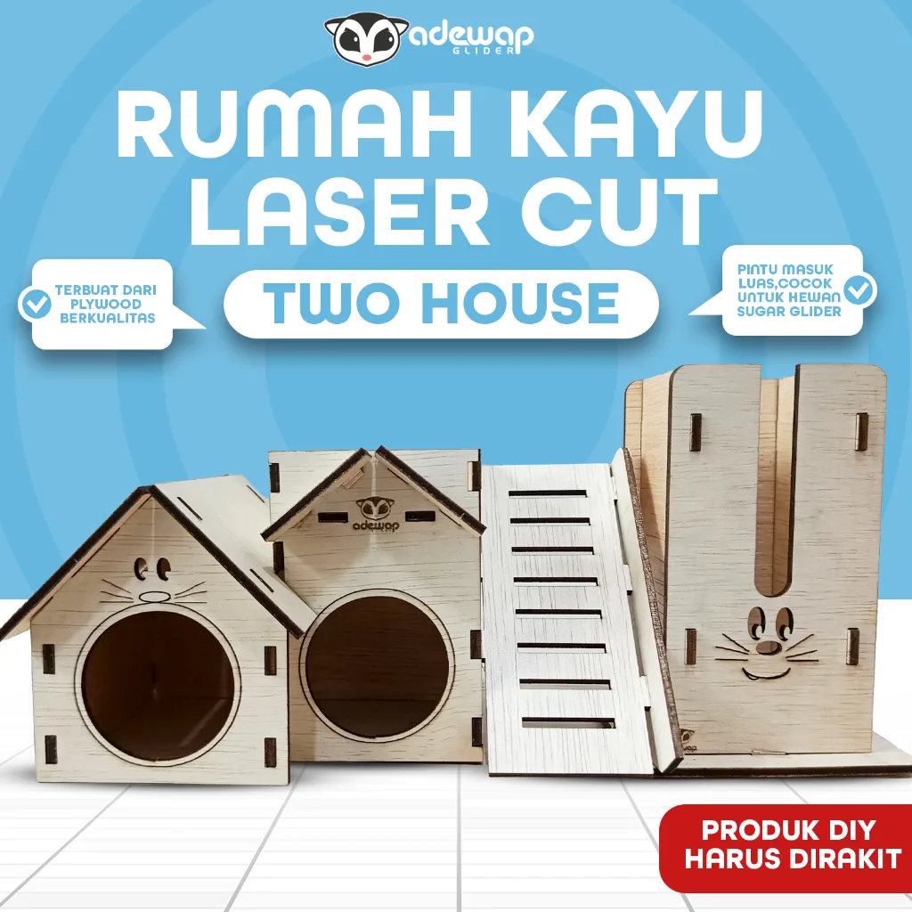 ADEWAP GLIDER Two House Laser Cut Rumah Kayu Sugar Glider Hamster Marmut Tempat Bersembunyi & Bermain Hewan Kecil