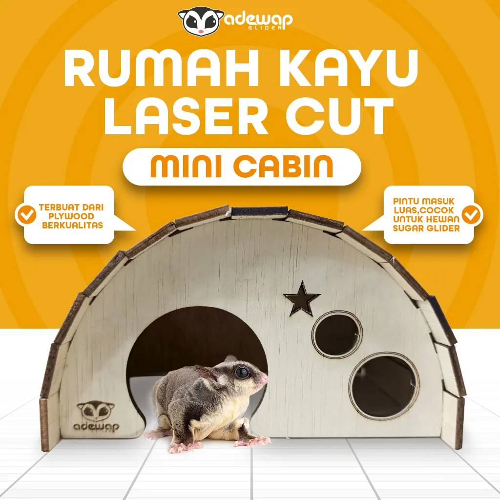 ADEWAP GLIDER Mini Cabin Laser Cut Rumah Kayu Sugar Glider Hamster Marmut Tempat Bersembunyi & Bermain Hewan Kecil