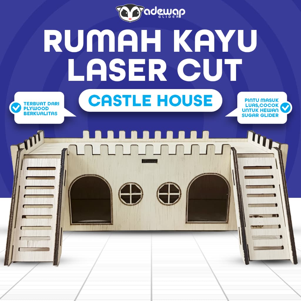 ADEWAP GLIDER Castle House Laser Cut Rumah Kayu Sugar Glider Hamster Marmut Tempat Bersembunyi & Bermain Hewan Kecil - 1