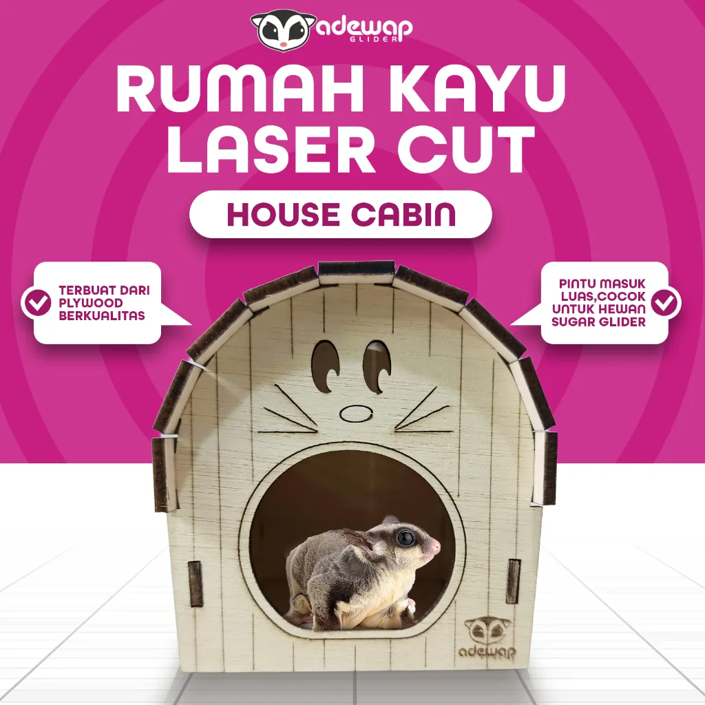 ADEWAP GLIDER House Cabin Laser Cut Rumah Kayu Sugar Glider Hamster Marmut Tempat Bersembunyi & Bermain Hewan Kecil